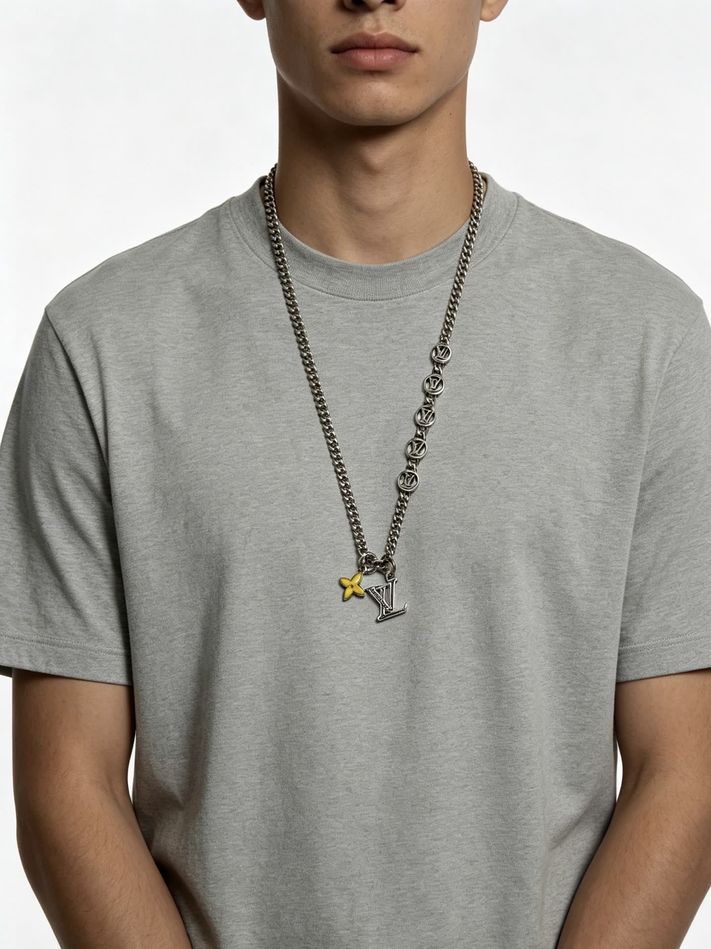 Louis Vuitton Silver Chain Necklace with Monogram and Flower Design